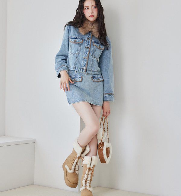  「衿ファー配色ジャケット」|ダウン|