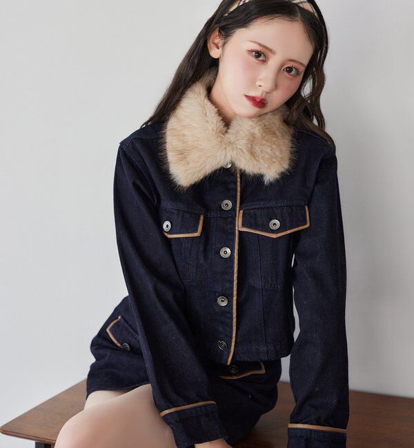  「衿ファー配色ジャケット」|ダウン|