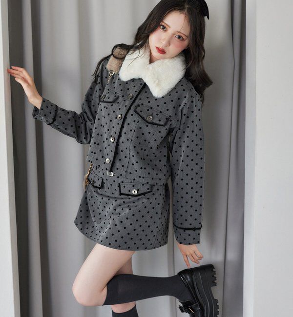  「衿ファー配色ジャケット」|ダウン|