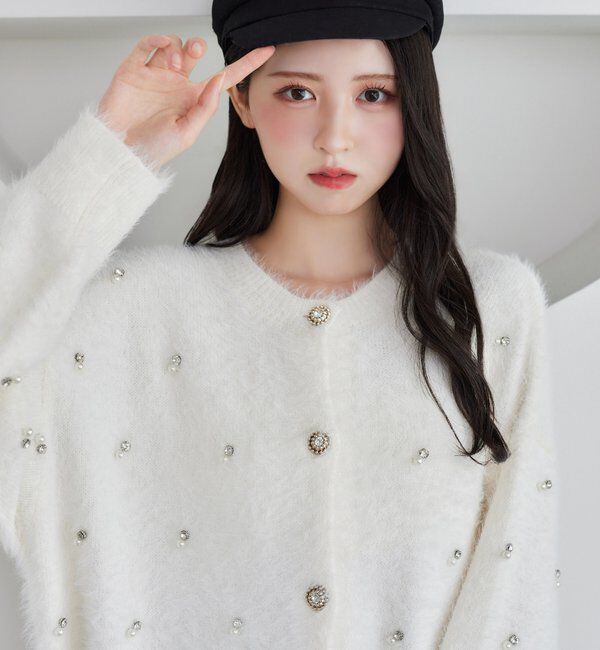  「ビジューフェザーロングカーデ」|ニット・セーター|