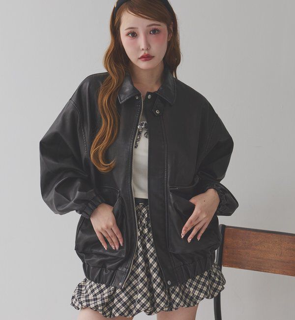  「WEB限定【ロングシーズン活躍！】オーバーサイズ合皮ブルゾン」|ダウンベスト・ベスト|ブラック