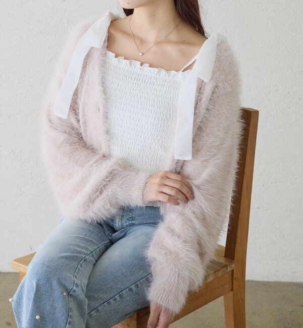  「長袖シャーリング肩リボントップス」|プルオーバー|