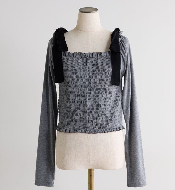  「長袖シャーリング肩リボントップス」|プルオーバー|