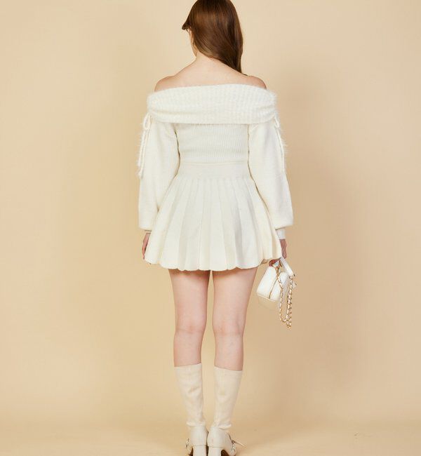  「オフショルプリーツニットミニワンピ」|ワンピース|