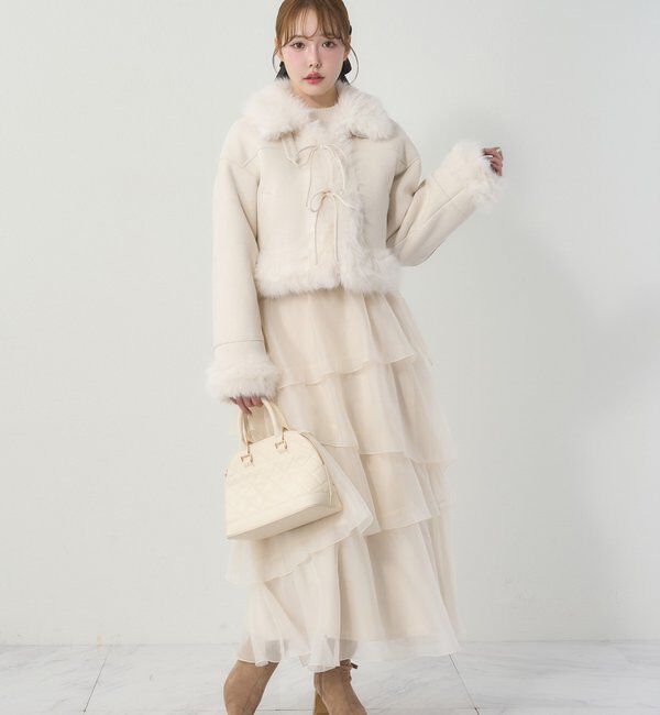  「【リボン取り外し可能】フェイクムートンリボンアウター」|ダウンベスト・ベスト|