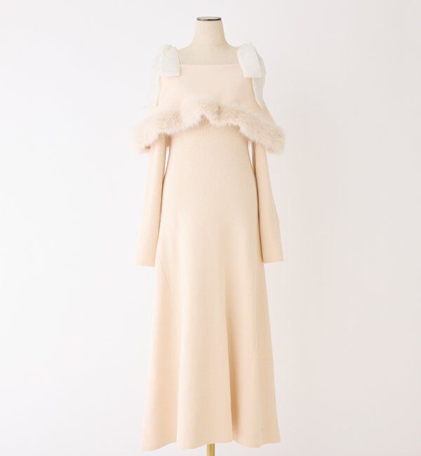  「リボン取り外し可能オフショルファーニットワンピース」|ワンピース|