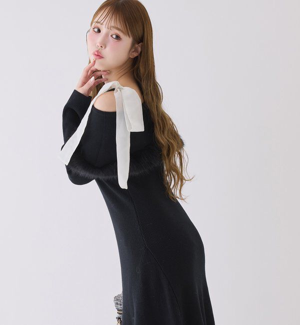  「リボン取り外し可能オフショルファーニットワンピース」|ワンピース|