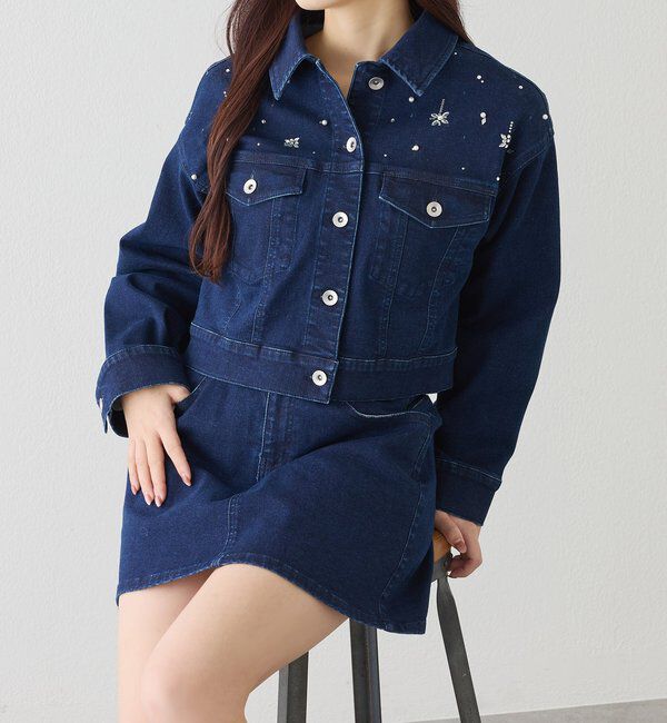  「ビジューデニムジャケット」|ダウンベスト・ベスト|ネイビー