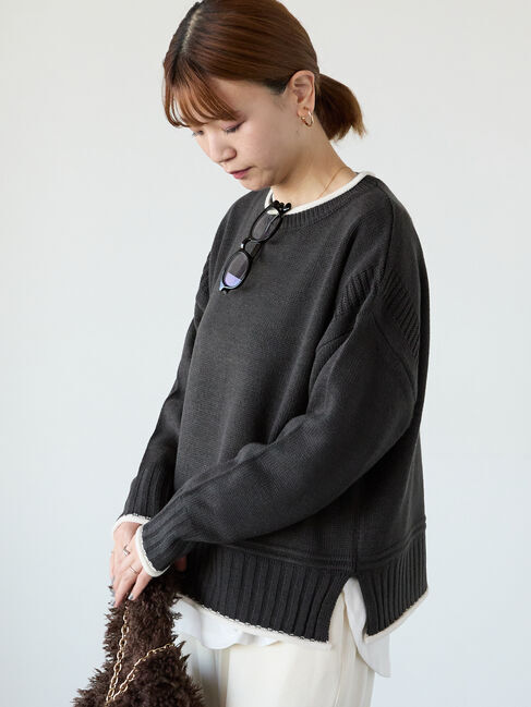 Lugnoncure「編地切替配色クルーネックニット」|ニット・セーター|チャコールグレー