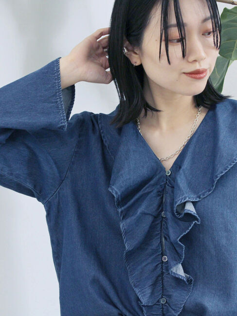 Samansa Mos2 blue「【ECO DENIM 】フリルブラウス」|シャツ・ブラウス|