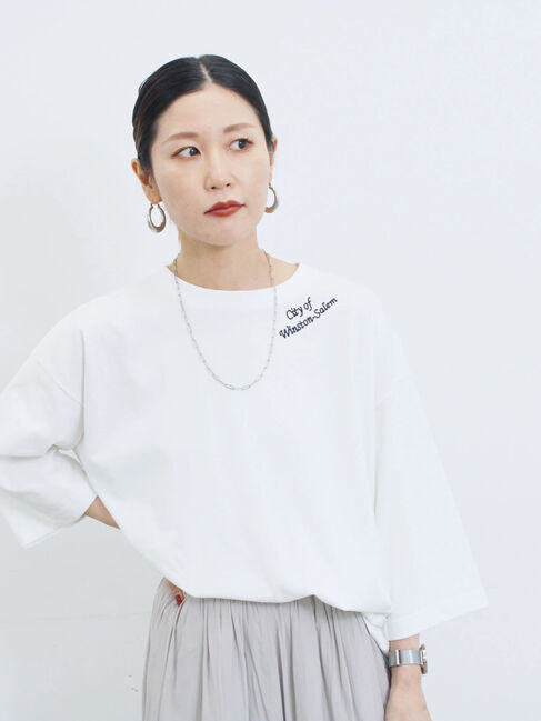 Samansa Mos2 blue「チェーン刺繍7分袖プルオーバー」|Tシャツ・カットソー|