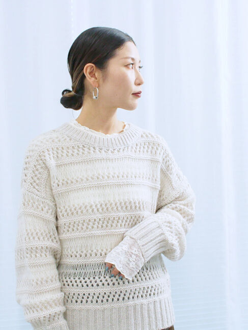 Samansa Mos2 blue「【帯電防止】袖口レースプルオーバー」|Tシャツ・カットソー|