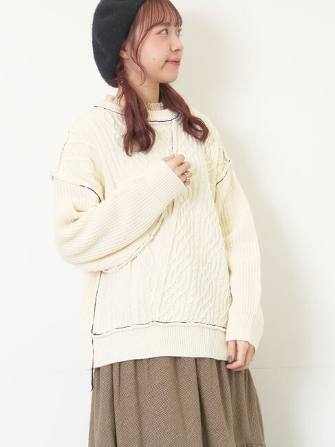 Samansa Mos2「ケーブルパッチワークステッチプルオーバー」|ニット・セーター|