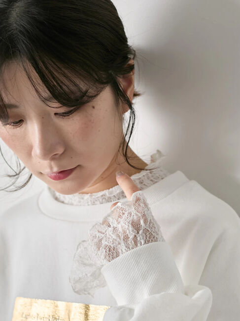 Samansa Mos2 blue「衿袖チュールハイネックプルオーバー」|Tシャツ・カットソー|