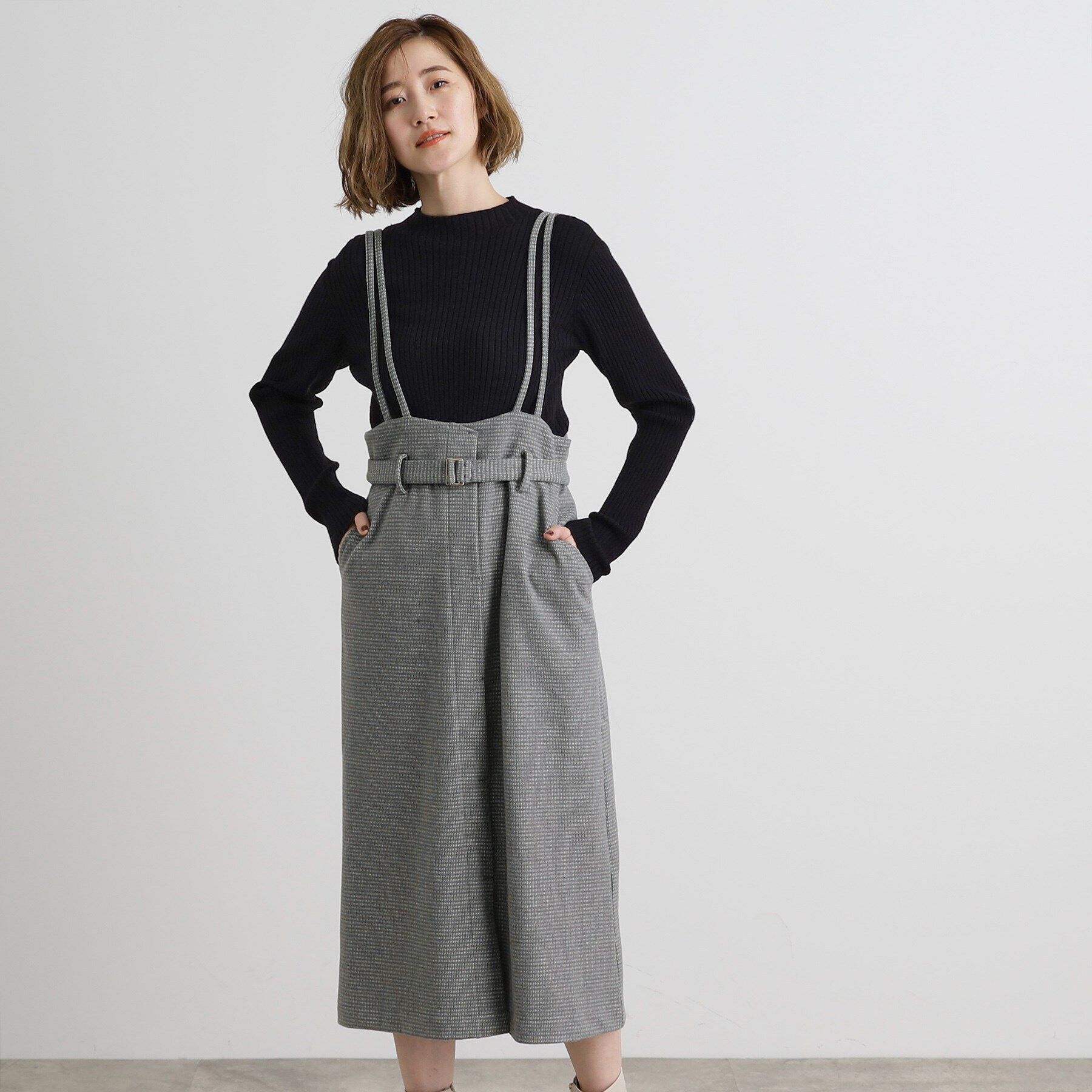 grove「起毛ジャージーナローストラップ付きスカート」|ジャンパースカート|