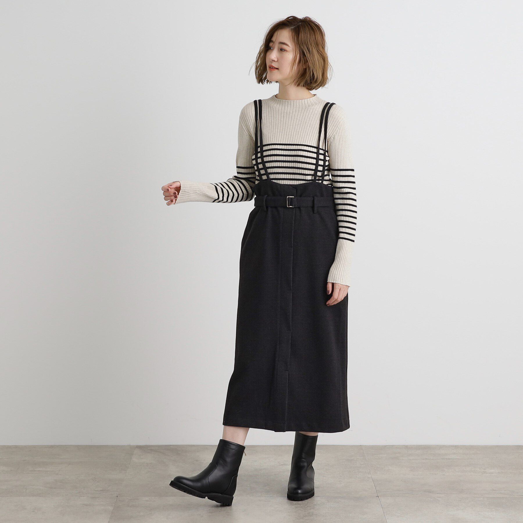 grove「起毛ジャージーナローストラップ付きスカート」|ジャンパースカート|