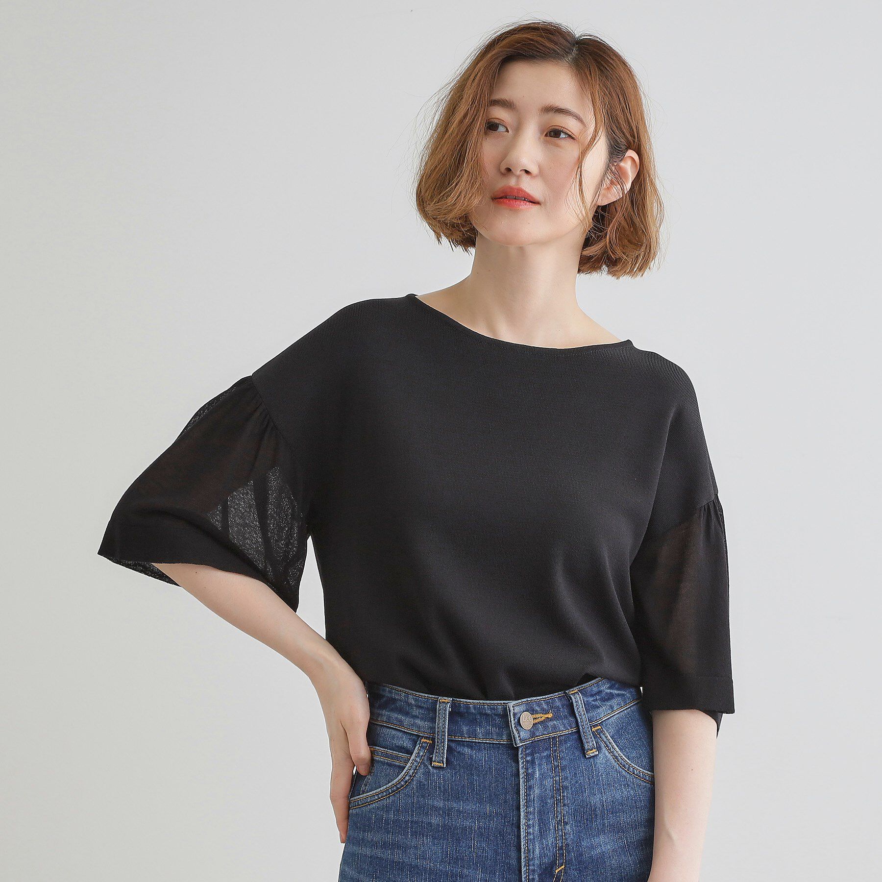 grove「【嬉しい機能付き】やわらかドライタッチシアーフレアスリーブニット」|ニット・セーター|