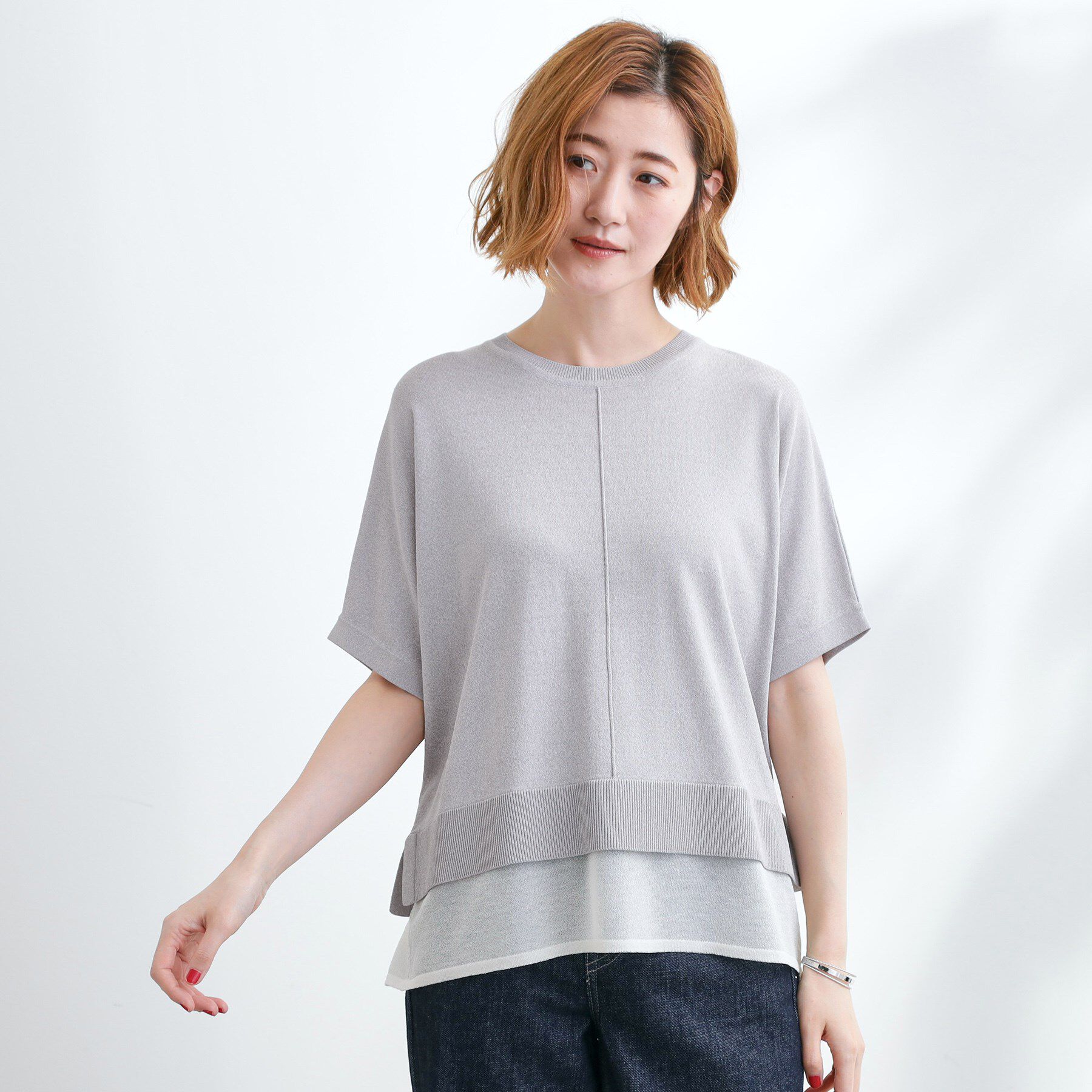 grove「【夏に嬉しい機能付き】やわらかドライタッチレイヤードライクニット」|ニット・セーター|グレー(012)