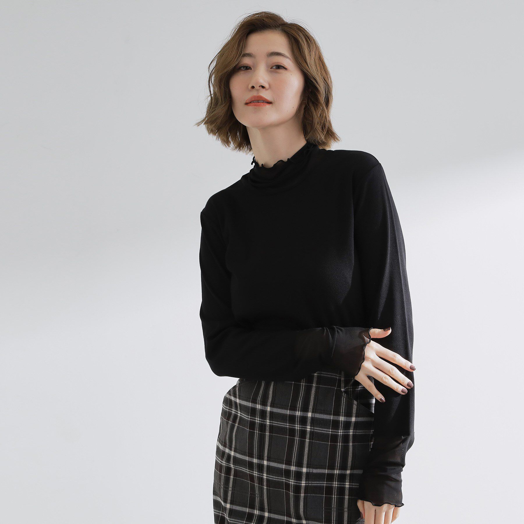 grove「シアー切替ハイネックプルオーバー」|Tシャツ・カットソー|ブラック(019)