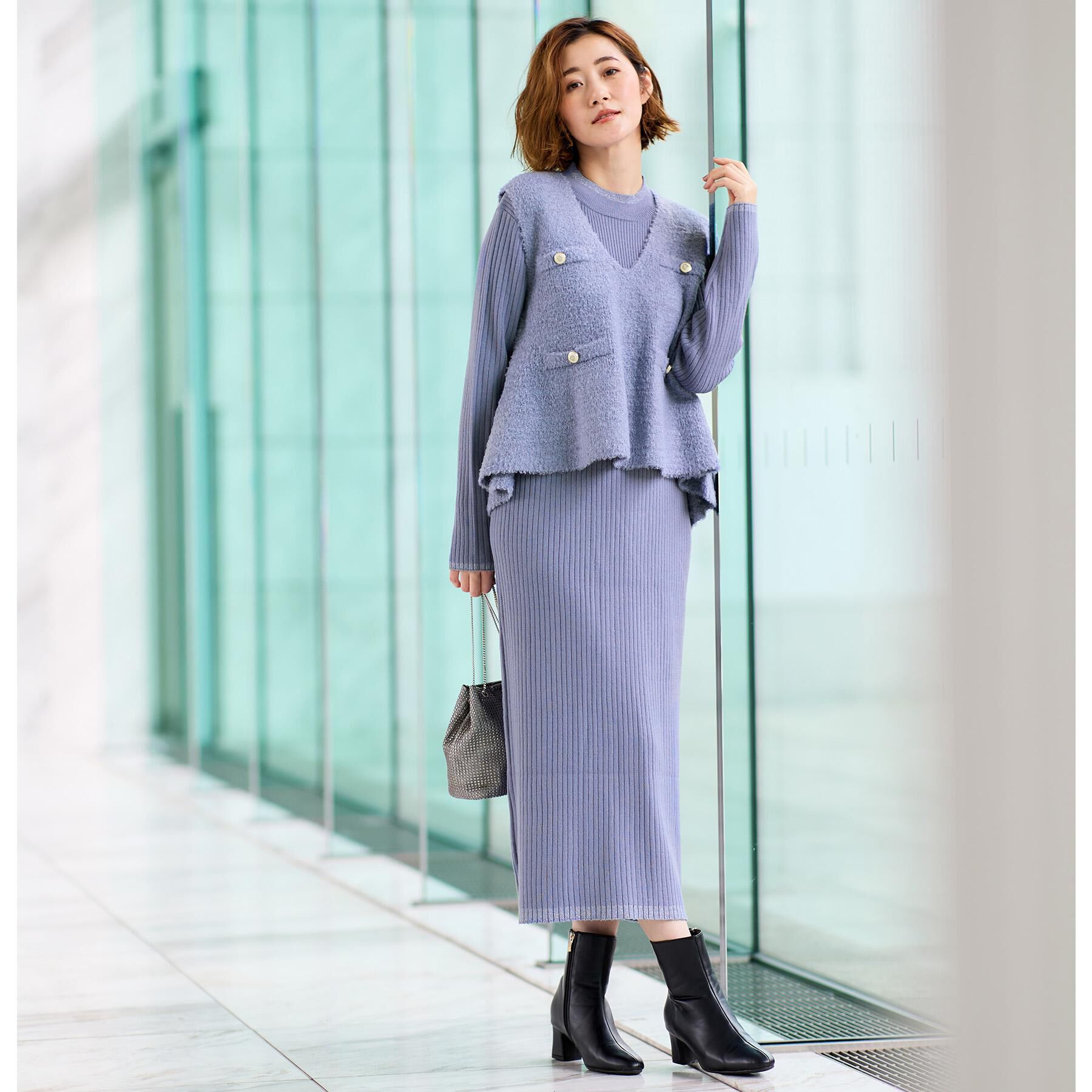 grove「【2点SET/体型カバー】一枚で決まる、ペプラムベスト&times;ニットワンピース」|ワンピース|