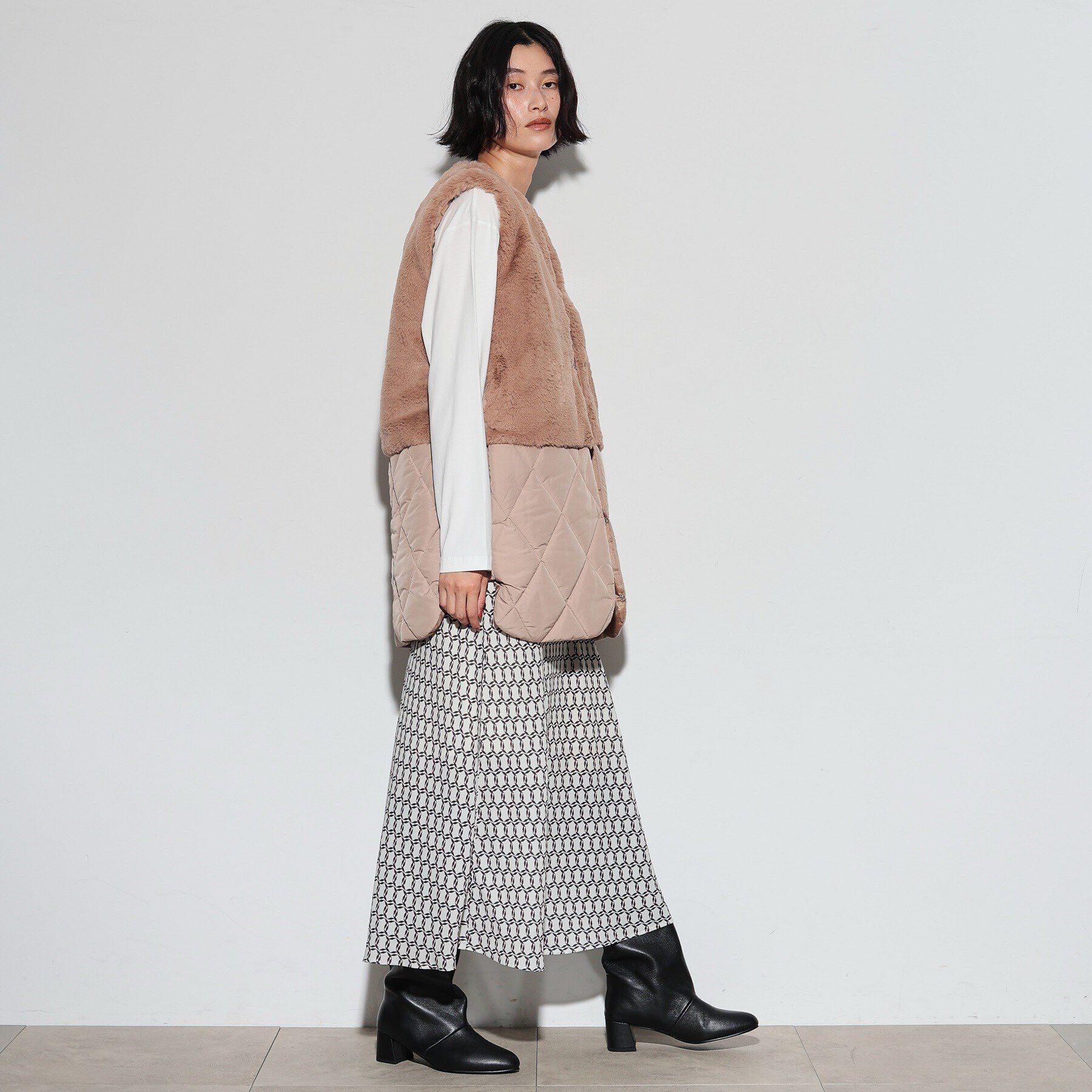 GALLEST「キルティングフェイクファードッキングジレ」|ダウン|