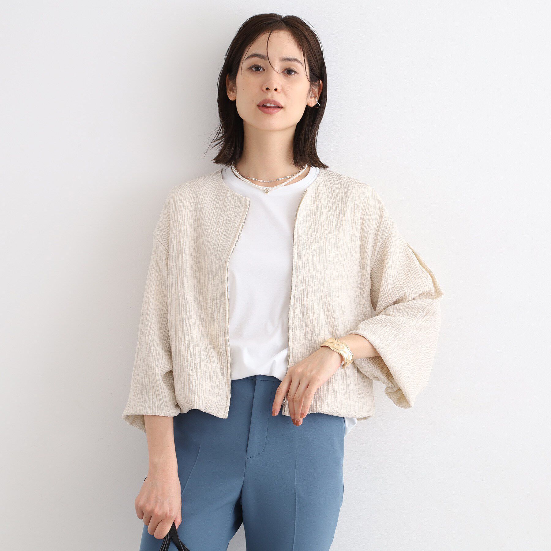 INDIVI「【洗える/UVケア/SETUP可能】バルーンスリーブブルゾン」|ブルゾン・スタジャン|アイボリー(604)