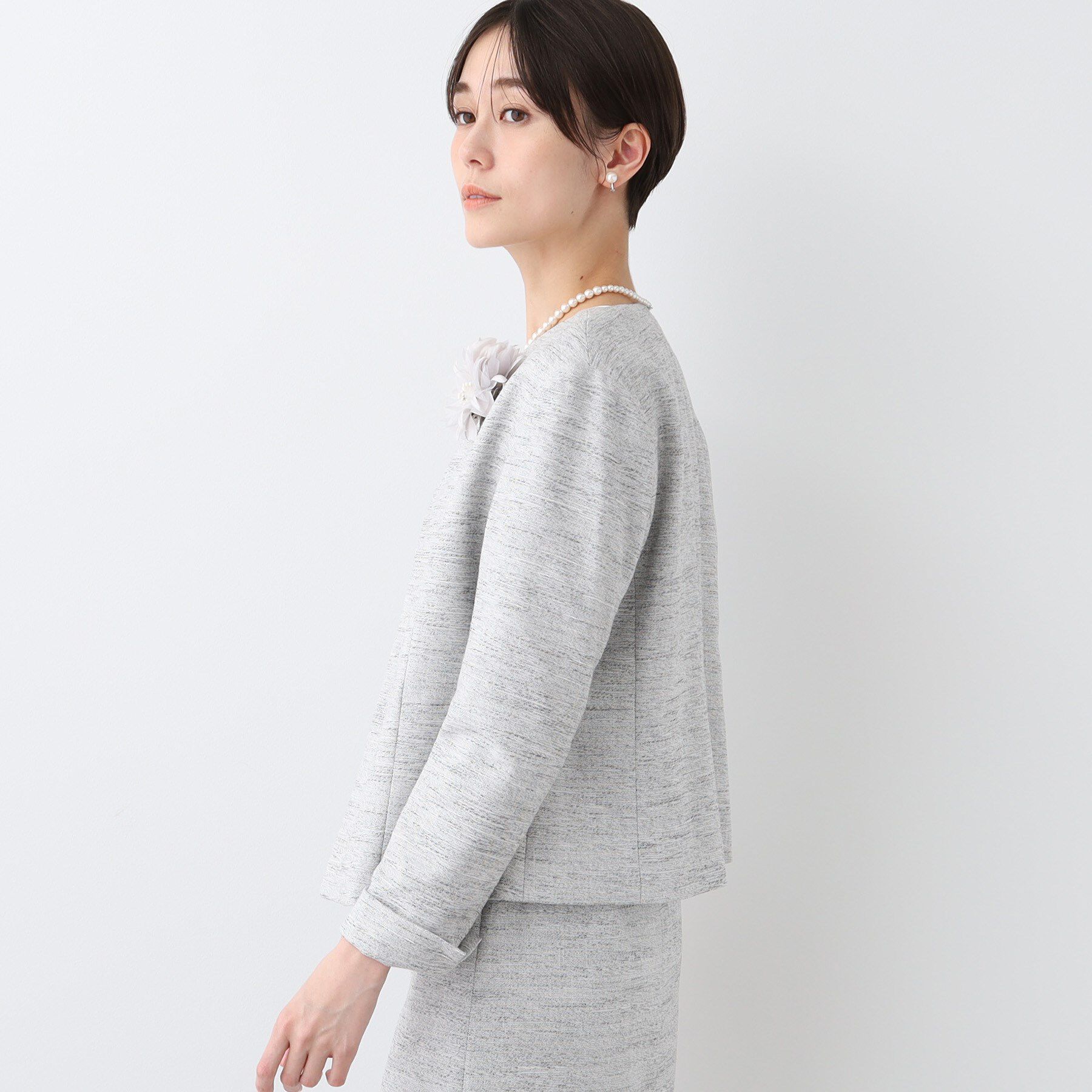 INDIVI「【洗える】ストレッチツィードジャケット」|ノーカラージャケット|