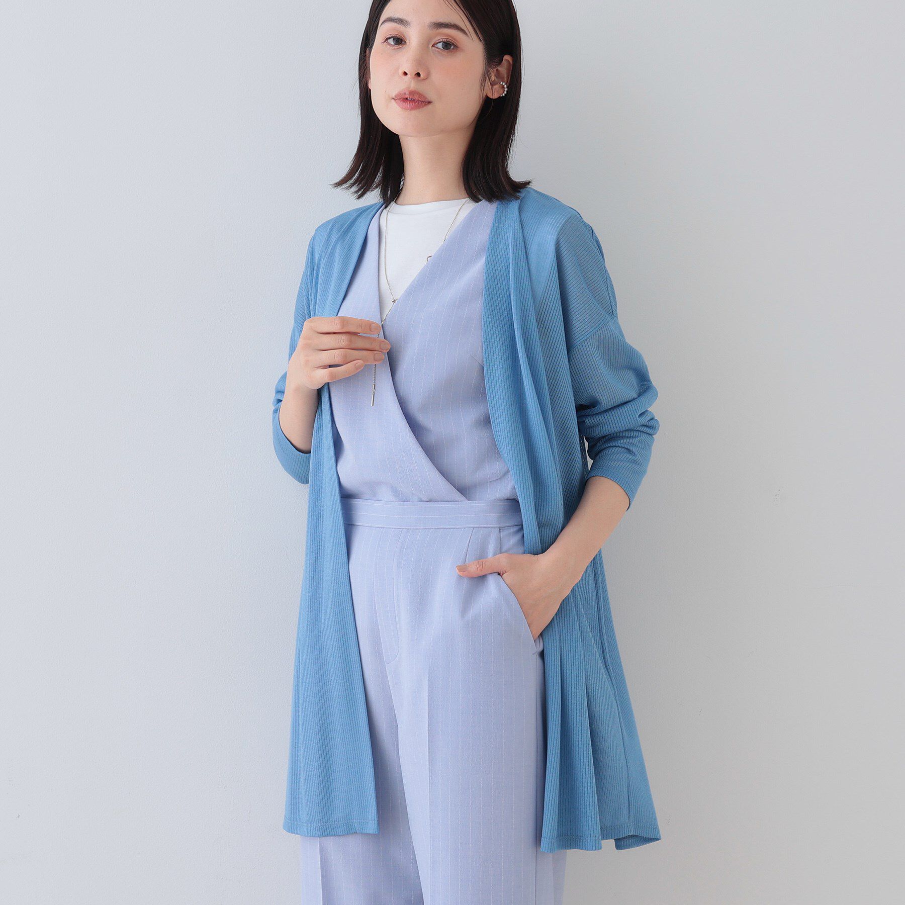INDIVI「【洗える／シアーストライプ】ロング丈着流しカーディガン」|カーディガン|ブルー(092)