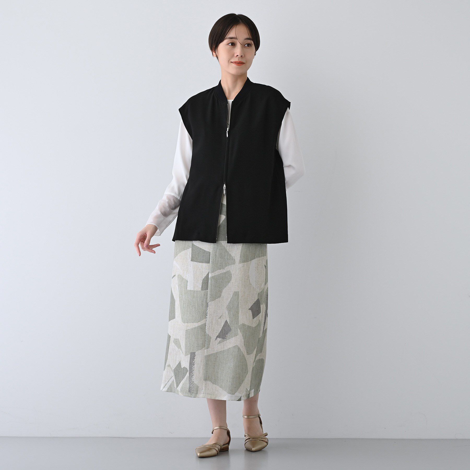 INDIVI「【洗える】リネンライク ブロッキングプリントスカート」|スカート|