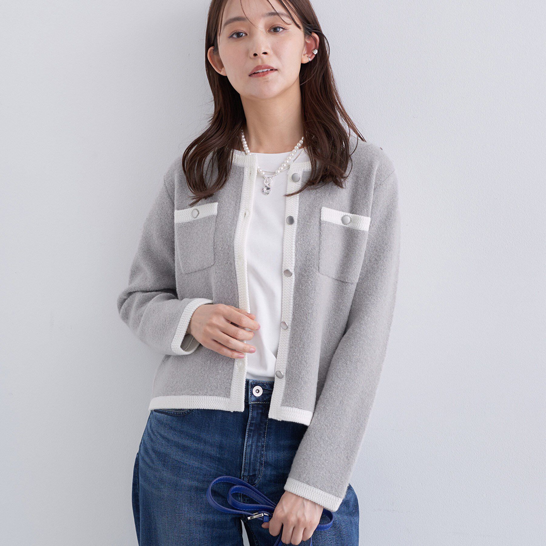 INDIVI「【ミニブークレ素材】ジャケットライクカーディガン」|カーディガン|