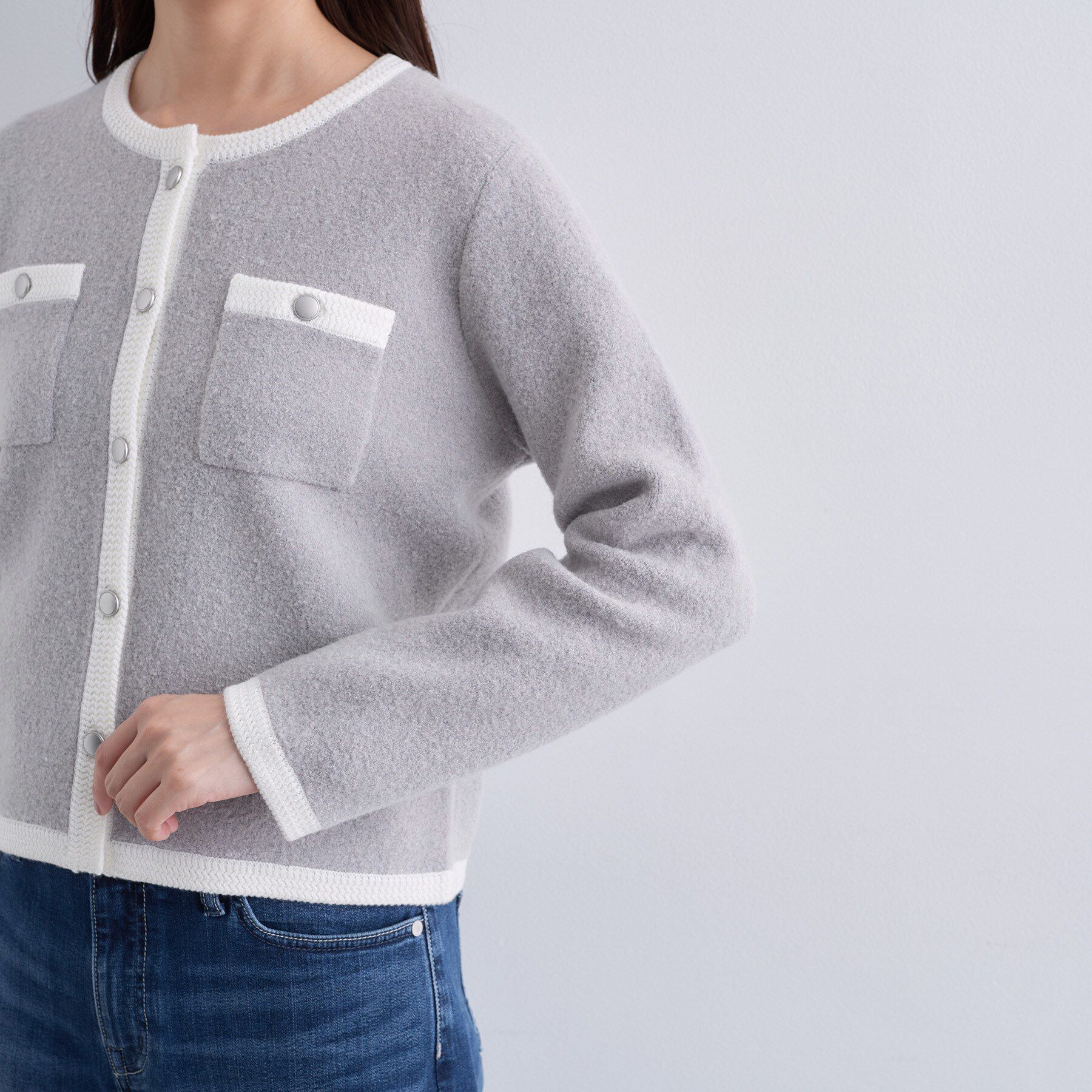 INDIVI「【ミニブークレ素材】ジャケットライクカーディガン」|カーディガン|