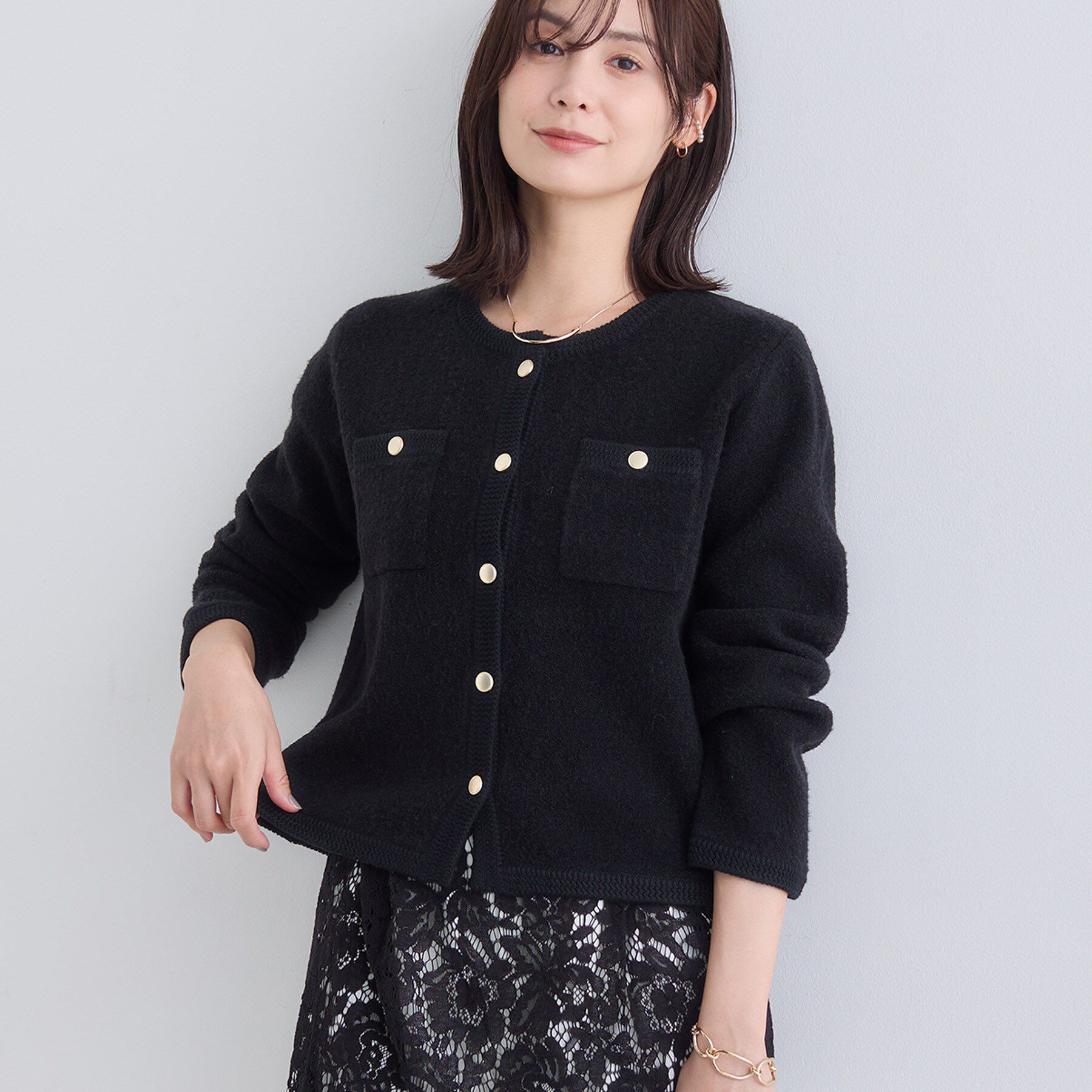 INDIVI「【ミニブークレ素材】ジャケットライクカーディガン」|カーディガン|