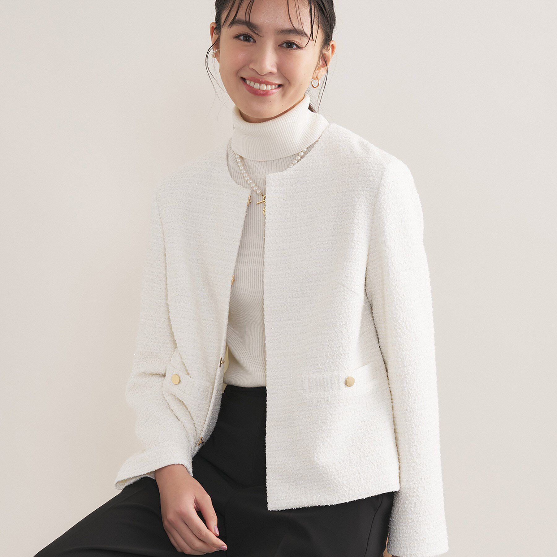 INDIVI「【セレモニー／洗える】ミックスツイードライトジャケット」|ノーカラージャケット|オフホワイト(603