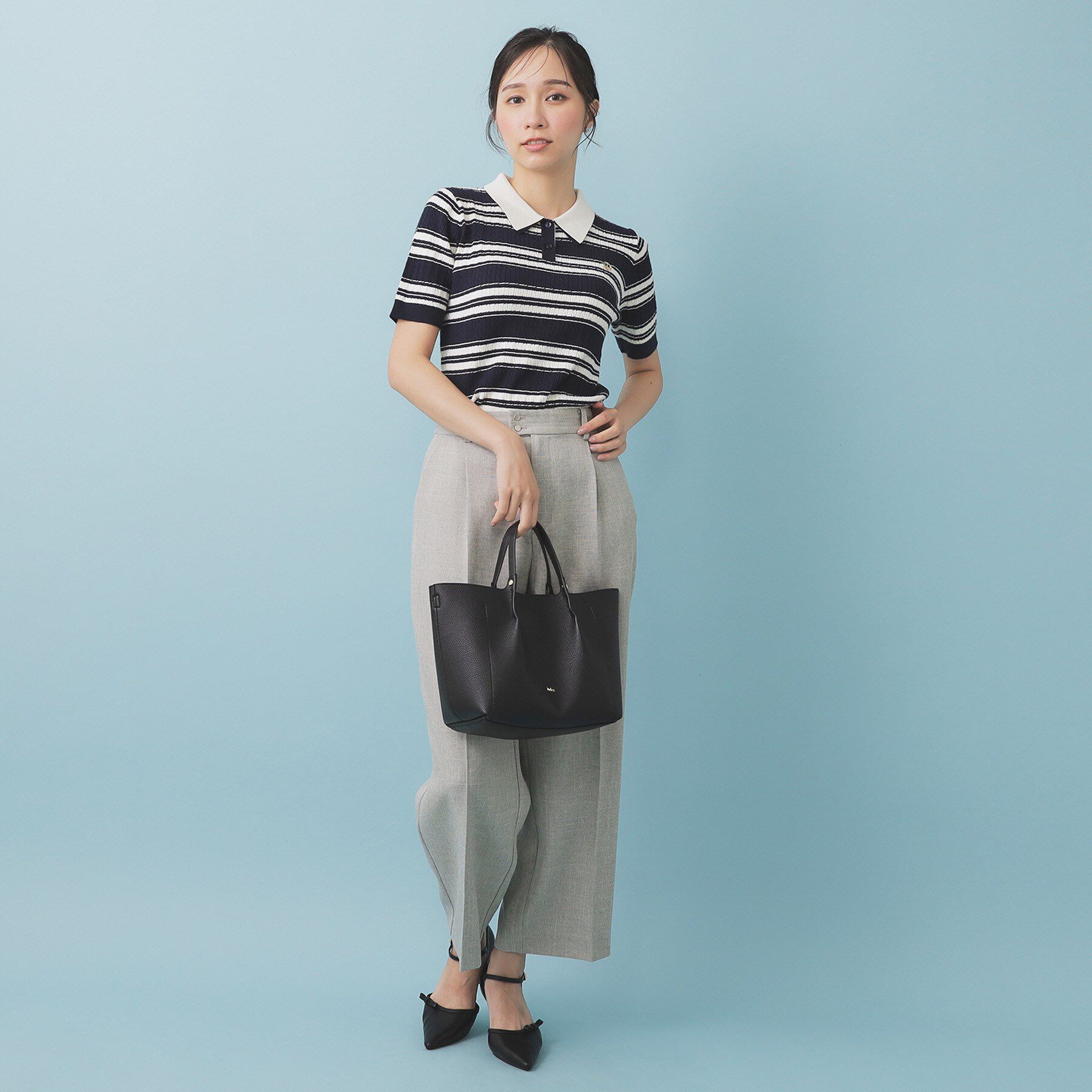 index「ランダムボーダーケーブルポロニット【洗濯機洗い可/抗ピル】」|ニット・セーター|