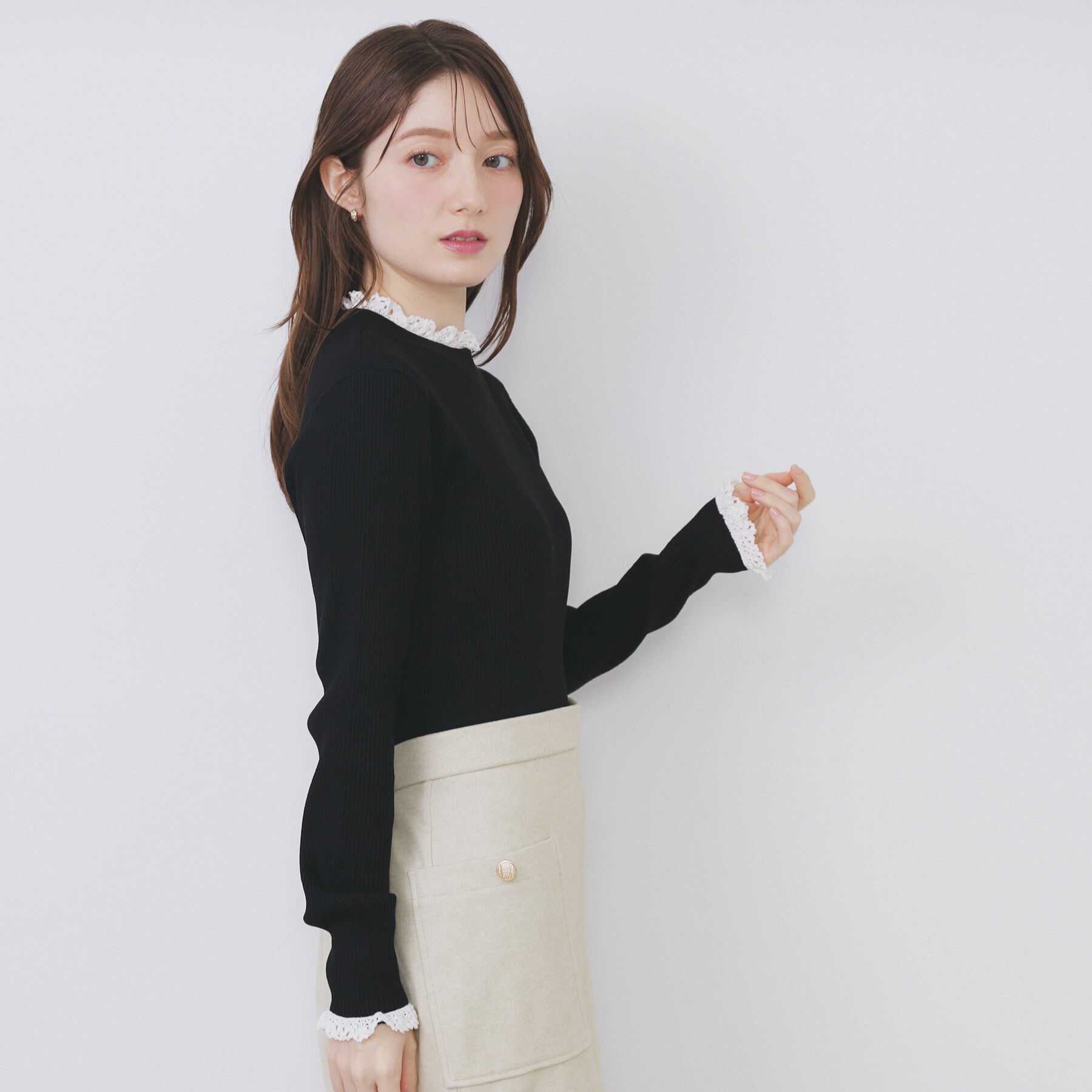 index「コットンレースフリルリブニット【洗濯機OK/抗ピル】」|ニット・セーター|
