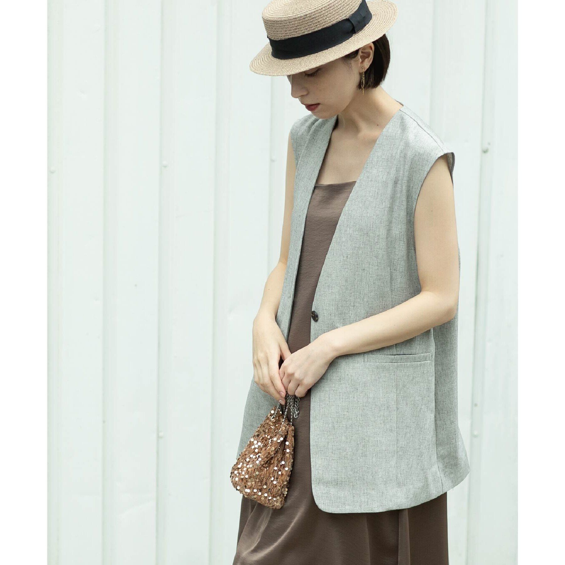 OPAQUE.CLIP「麻混ノーカラージレ【洗濯機洗い可】」|ベスト・ジレ|