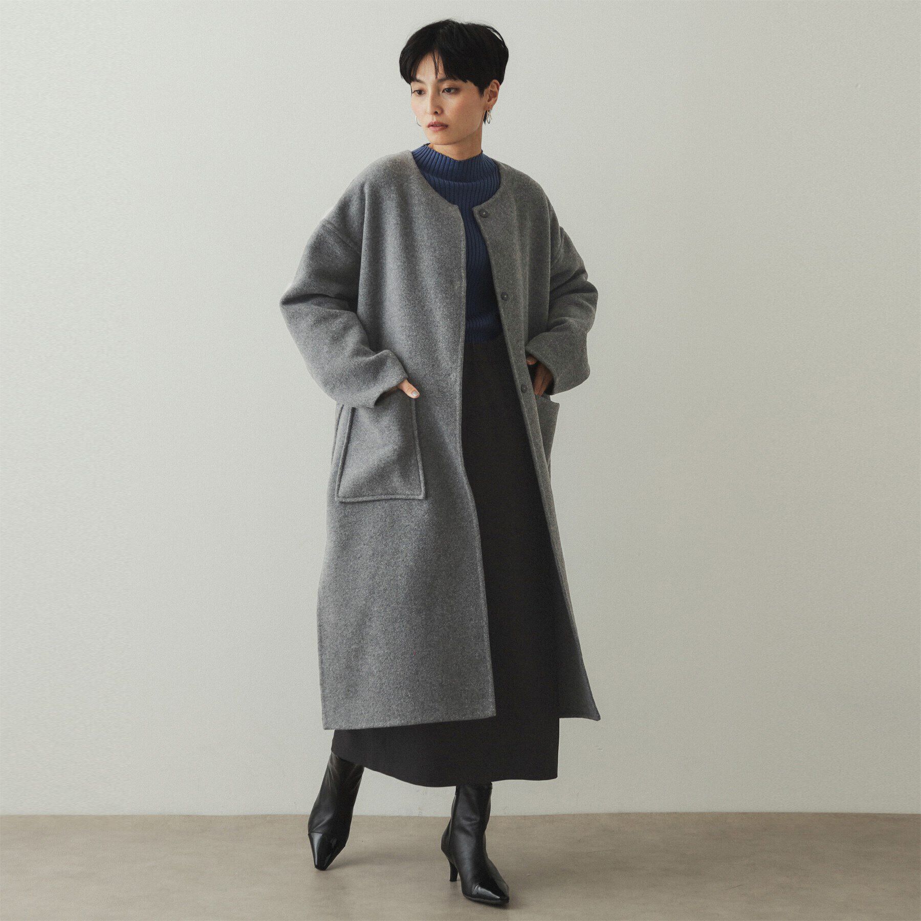 OPAQUE.CLIP「《マフラー付き》ウール混ノーカラーコート」|ノーカラーコート|