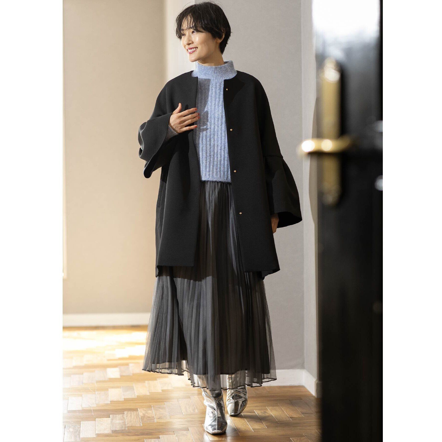 OPAQUE.CLIP「フレアスリーブミドルコート【洗える】」|ノーカラーコート|