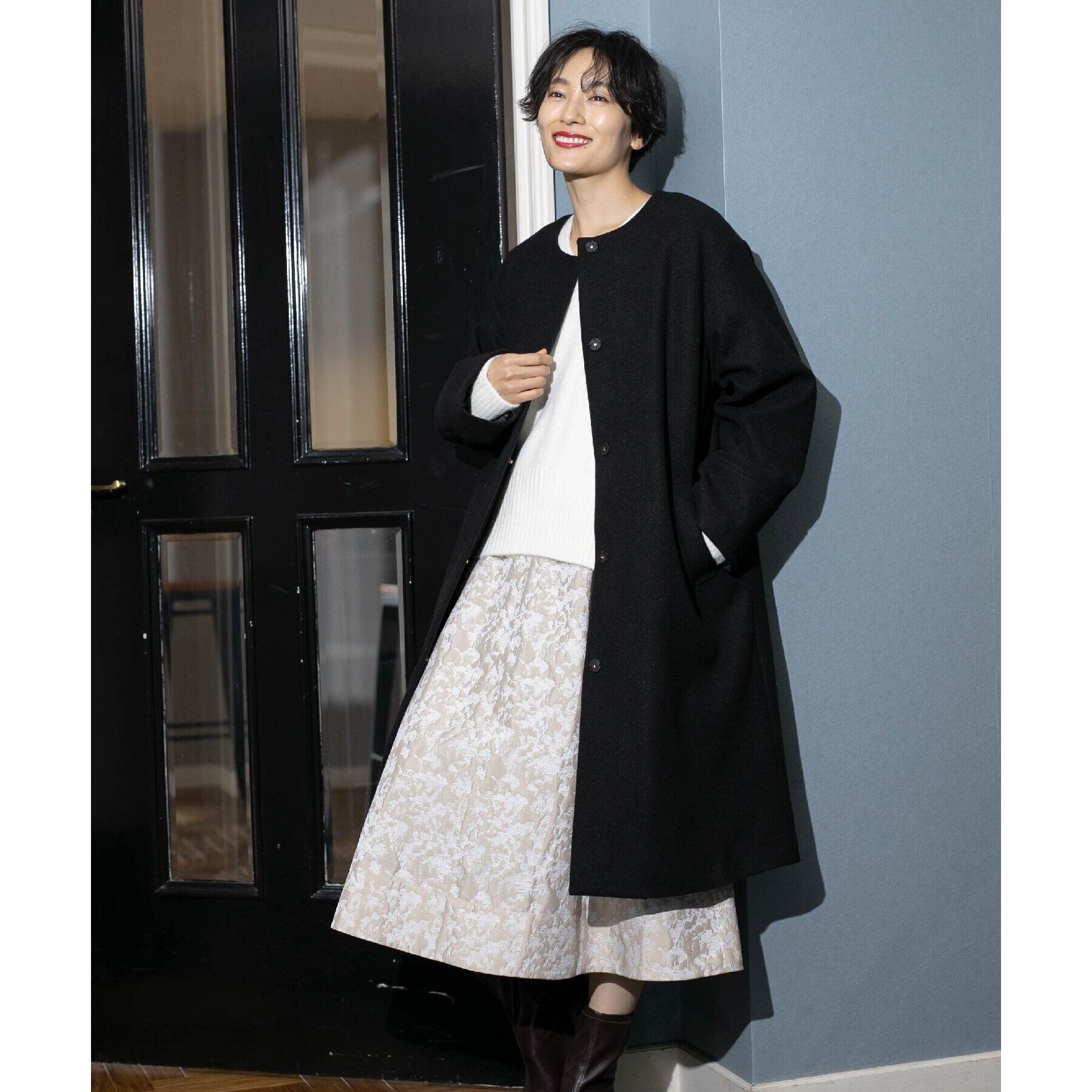 OPAQUE.CLIP「《S-LLsize》ウールライク メルトンノーカラーロングコート」|ノーカラーコート|