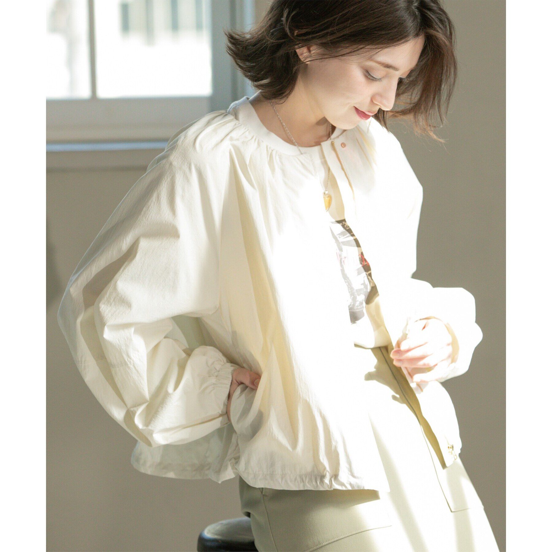 OPAQUE.CLIP「撥水ノーカーラーブルゾン【UV/洗濯機洗い可】」|ノーカラーコート|オフホワイト(003