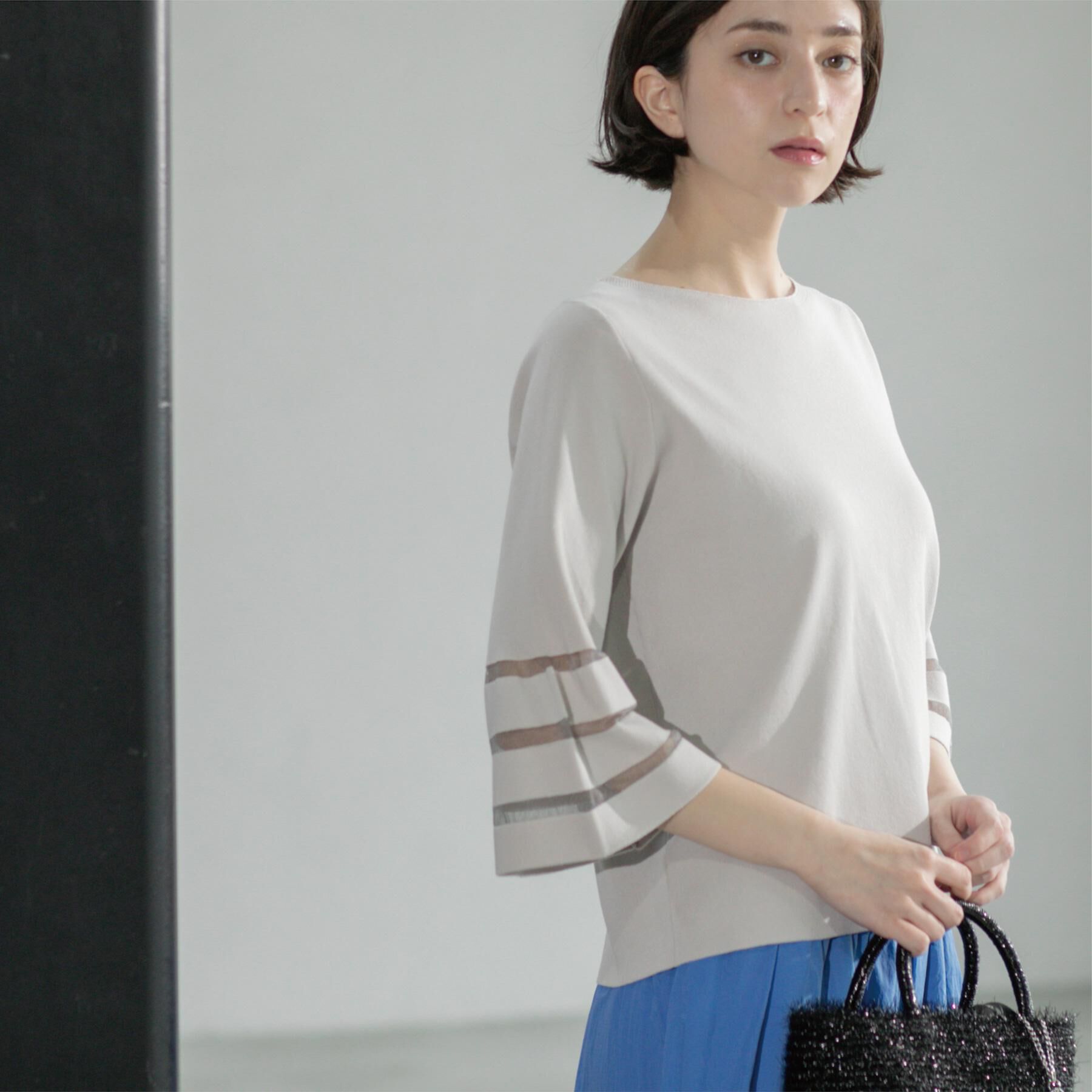 OPAQUE.CLIP「《6色展開》シアーボーダーフレアスリーブニット【洗濯機洗い可】」|ニット・セーター|