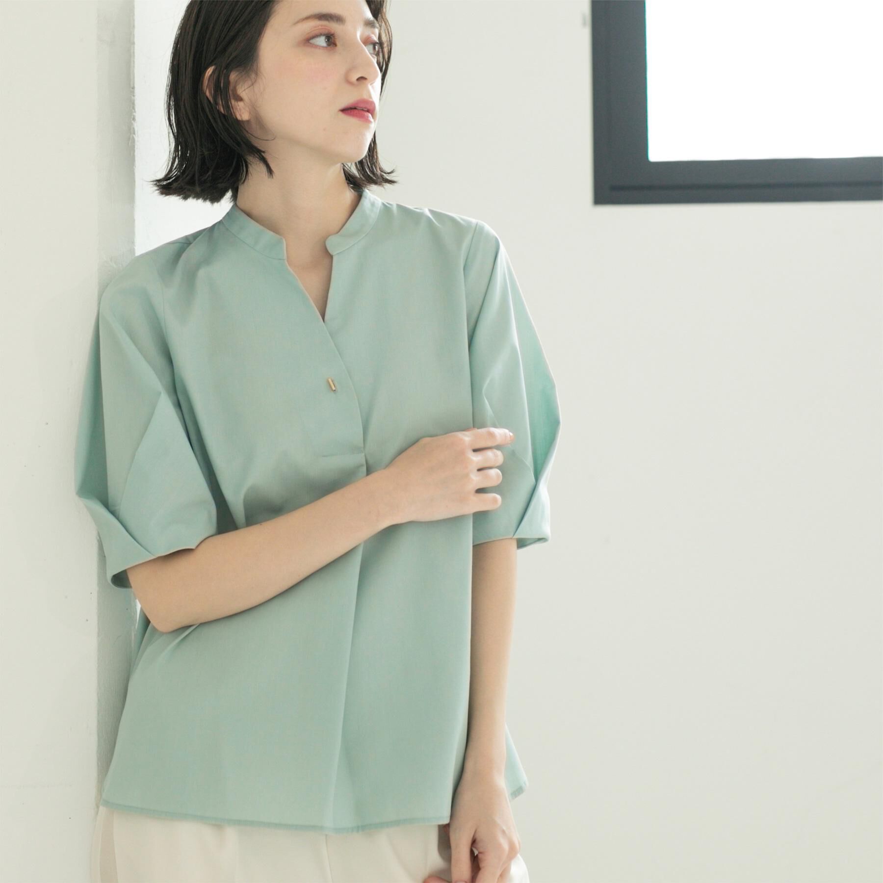 OPAQUE.CLIP「スキッパータックスリーブブラウス【洗濯機洗い可】」|シャツ・ブラウス|ミントグリーン(02