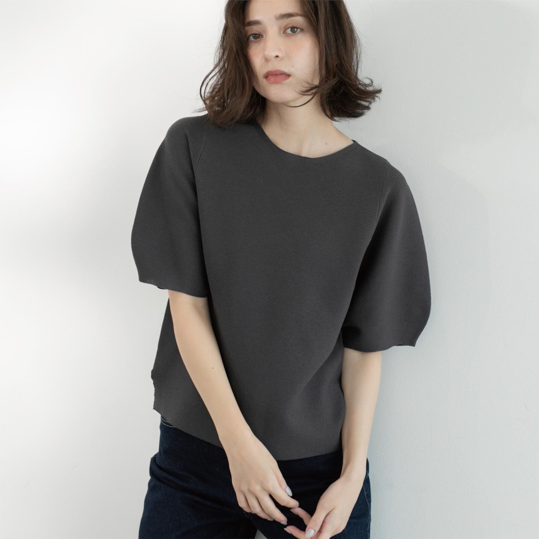 OPAQUE.CLIP「ガーターボリュームスリーブニット【UVケア/洗濯機洗い可】」|ニット・セーター|チャコールグレー(0