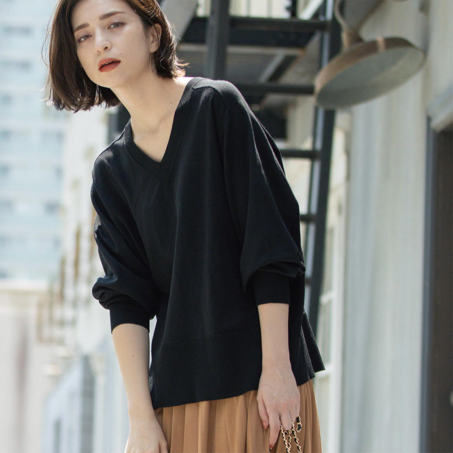 OPAQUE.CLIP「リラクシーVネックニット【洗濯機洗OK】《6col》」|ニット・セーター|ブラック(019)