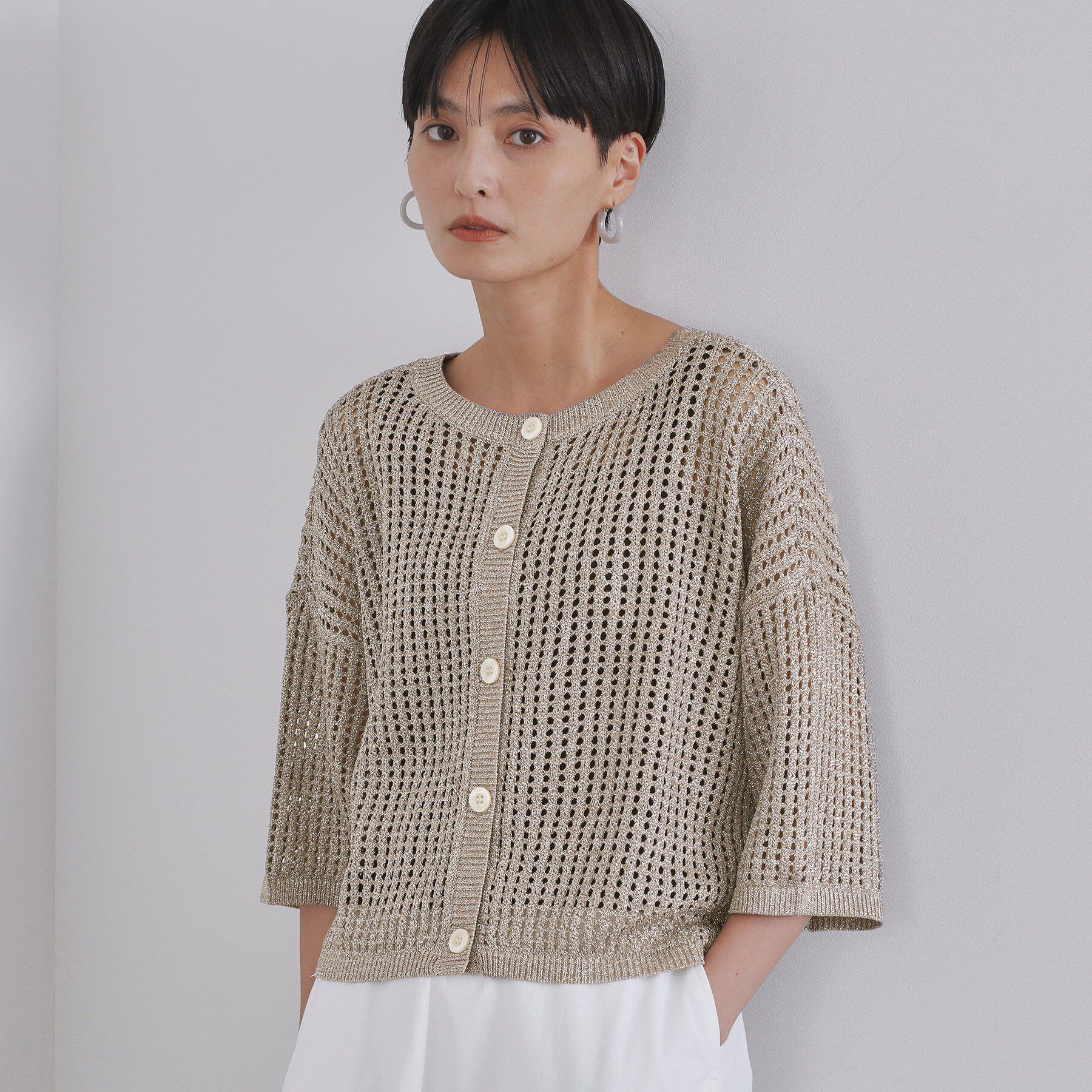OPAQUE.CLIP「2WAY ラメメッシュニット【洗濯機洗い可/抗ピル】」|ニット・セーター|シルバー(006)