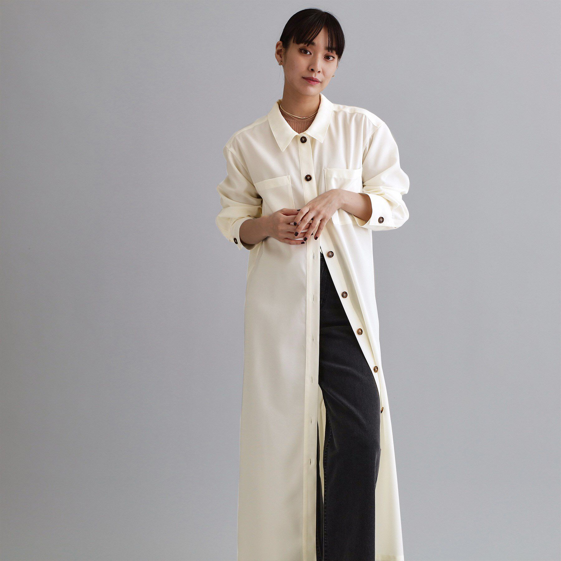 OPAQUE.CLIP「【es】ダブルポケットロングシャツワンピース【洗濯機OK】」|ワンピース|オフホワイト(003