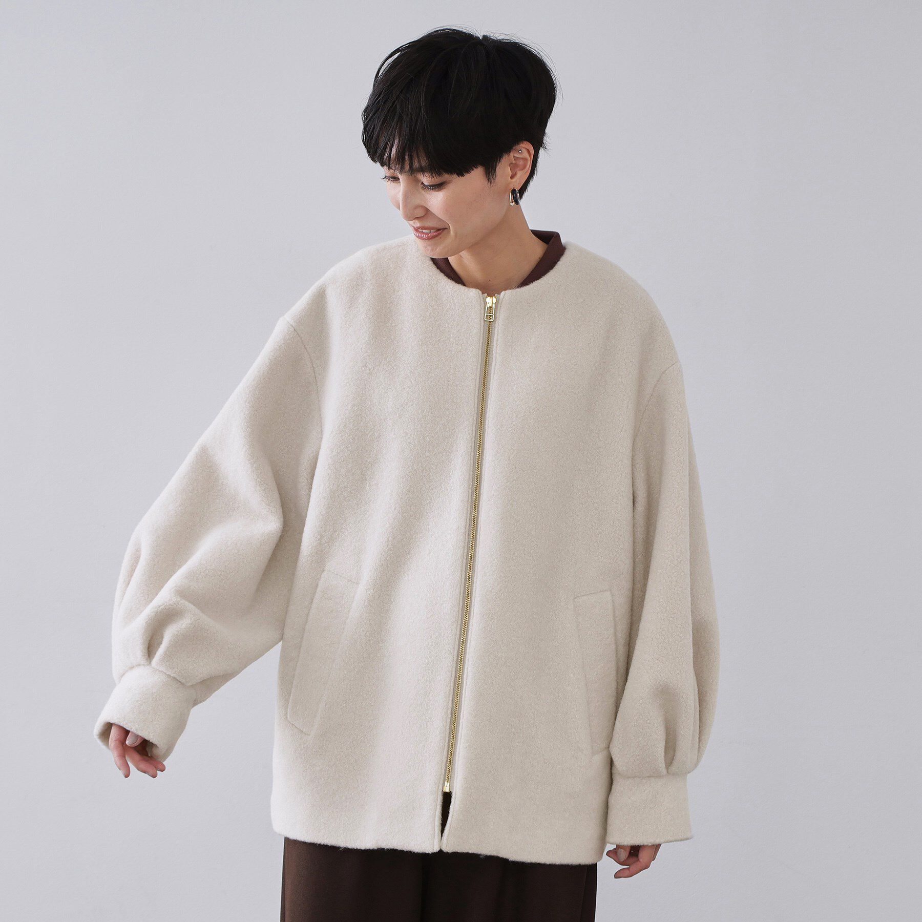 OPAQUE.CLIP「もこもこノーカラージップミドルコート【洗える】」|ノーカラーコート|