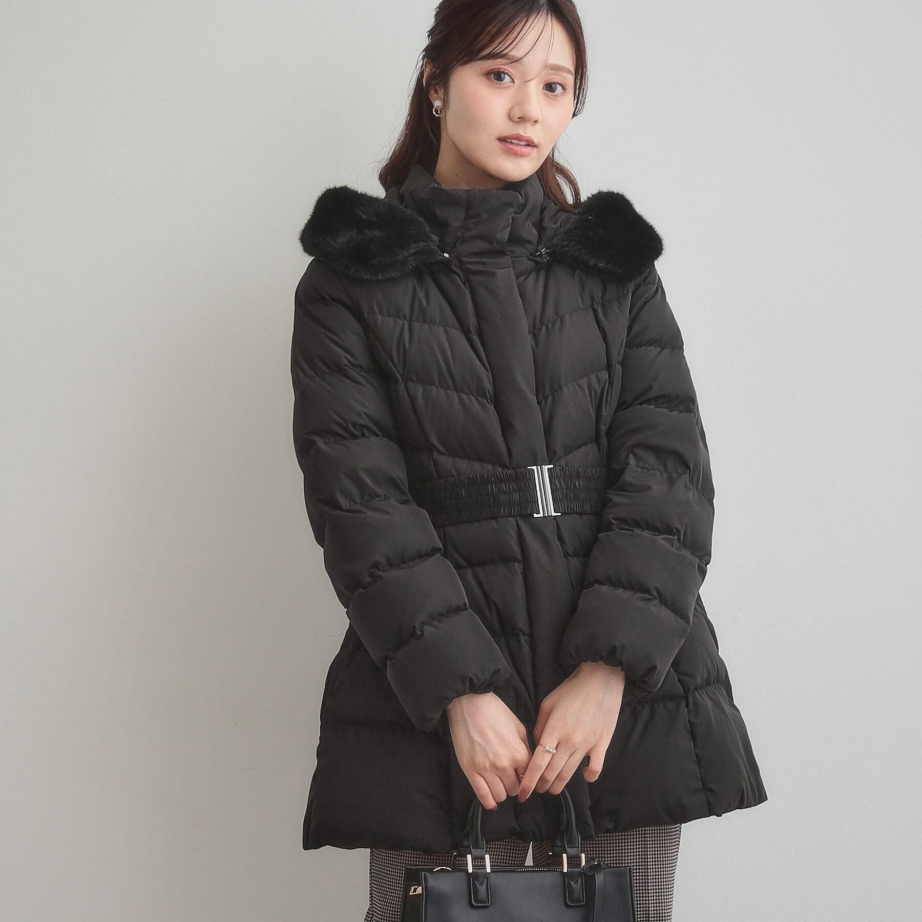 Couture broach「【2WAY・ベルト付き】フードフェイクファー ミドル丈ダウンコート」|ダウン|