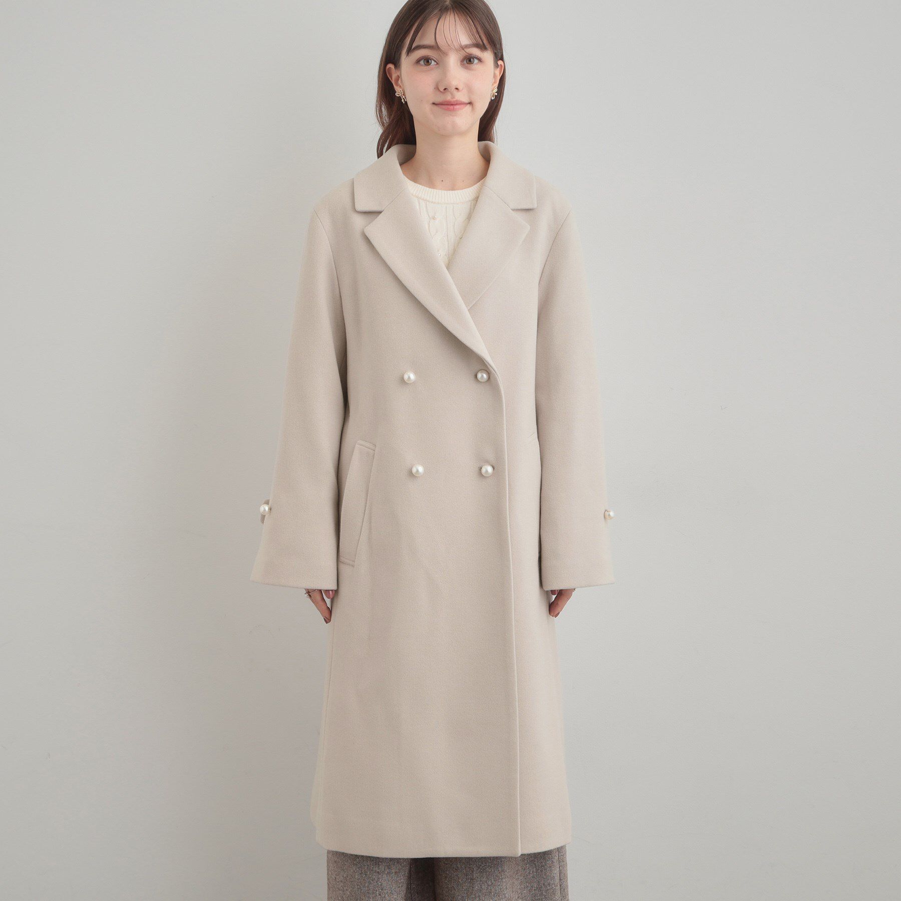 Couture broach「【大人上品・ベルト付き】パール調釦チェスターコート」|チェスターコート|