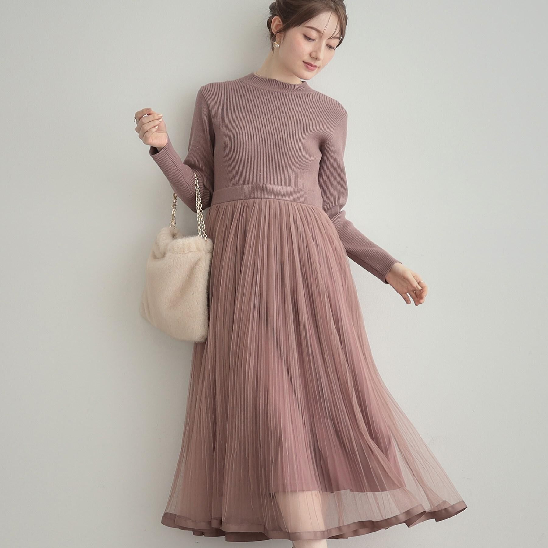 Couture broach「【S-LL/キラキラリブニット】チュールドッキング ワンピース」|ワンピース|